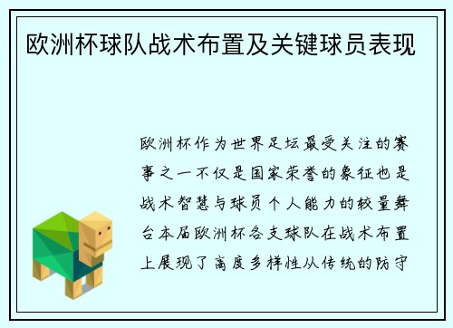 欧洲杯球队战术布置及关键球员表现