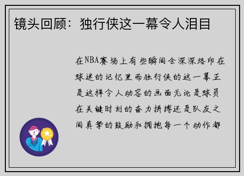 镜头回顾：独行侠这一幕令人泪目